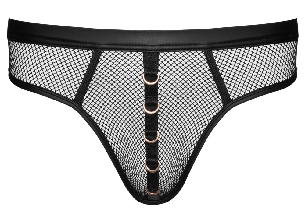 Wetlook thong til mænd med sort net og gulddetaljer