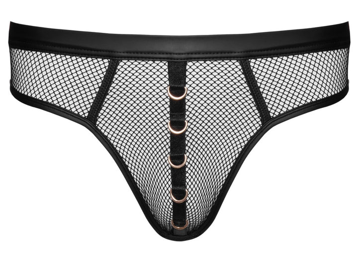 Wetlook thong til mænd med sort net og gulddetaljer
