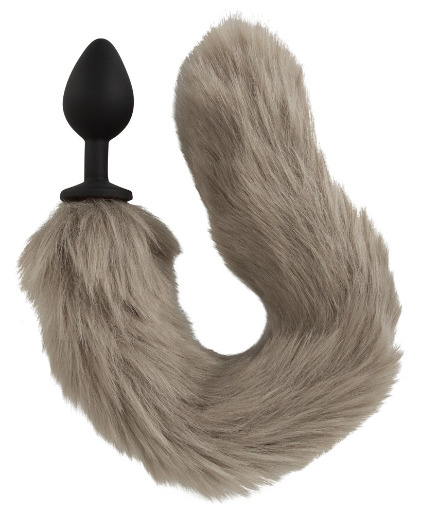 Pet play butt plug med bred stopper og grå hale
