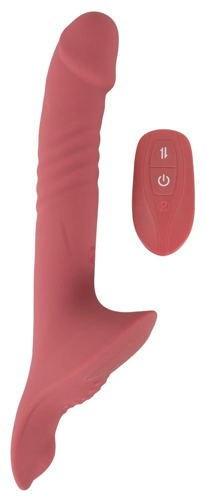 Strap-on vibrator med lay-on del til vulva- og klitorisstimulation